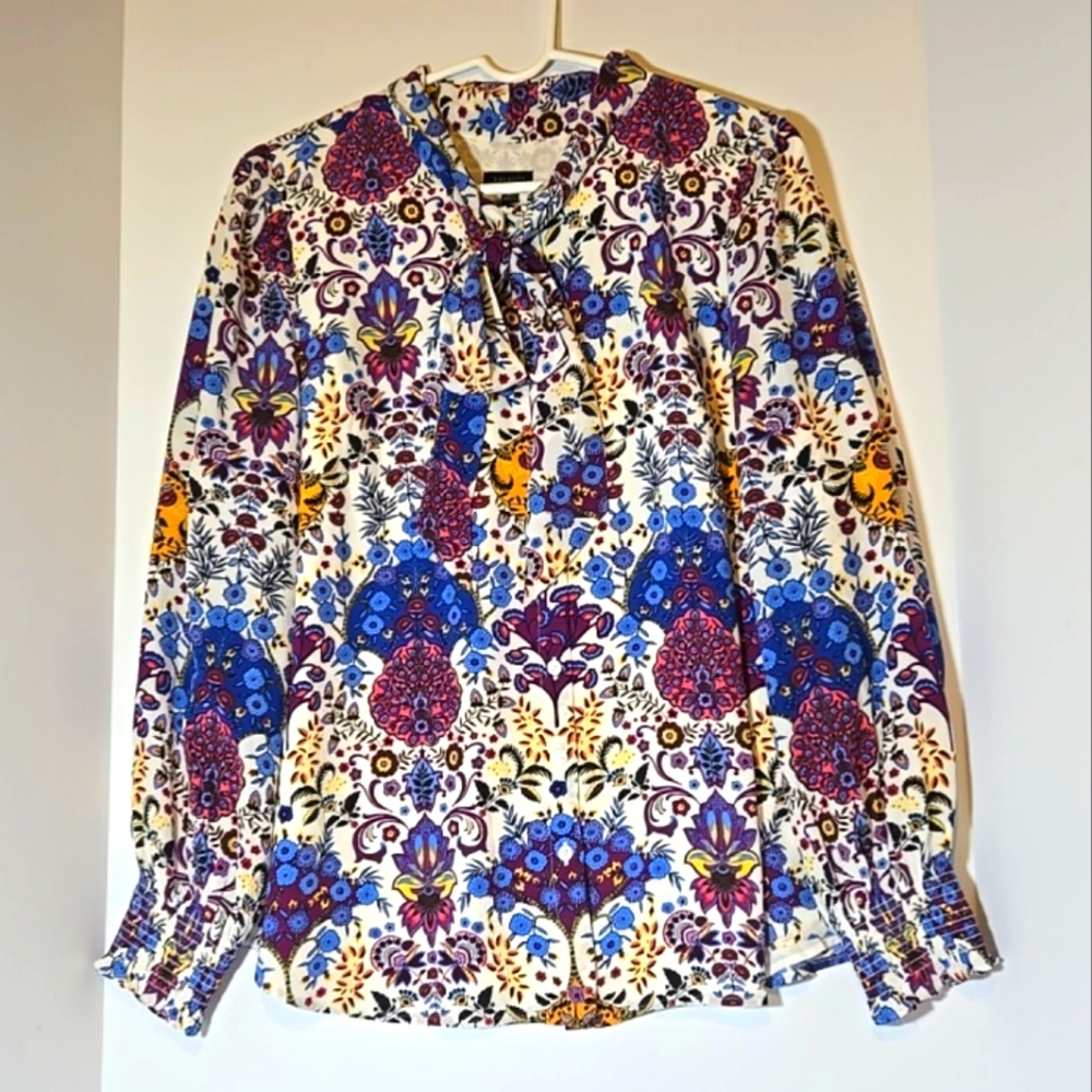 Talbots Boho Floral Long Sleeve Blouse Jewel Tones Tie Neck Size XL Office